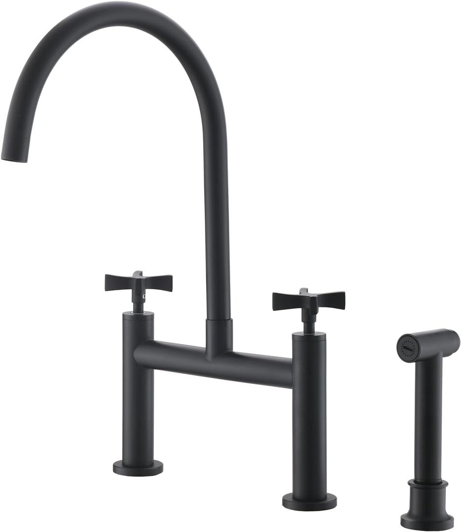 Kitchen Bridge Faucet with Side Sprayer, 8 inch Brass Kitchen Faucet 2 Handles 3 Holes Deck Mount Kitchen Sink Faucet, Matte Black(CP025B)