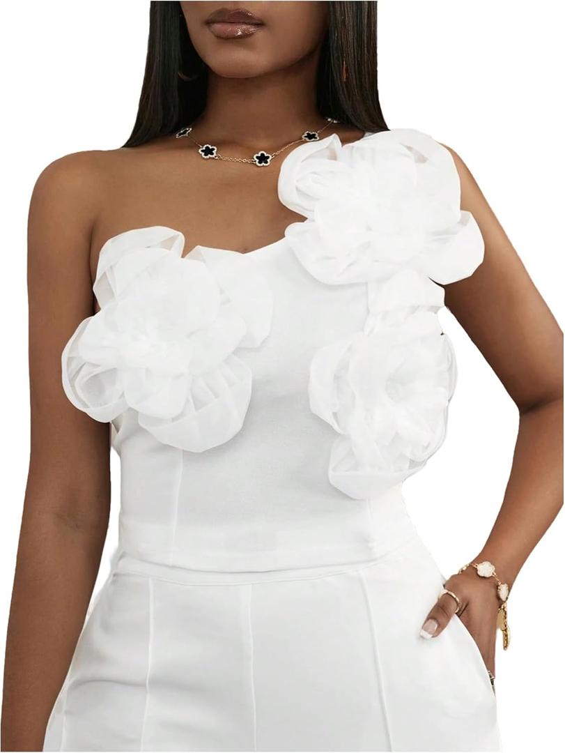 GORGLITTER Women's One Shoulder Flower Crop Tops Casual Floral Tropical Sleeveless Cute Summer Going Out Tank Tops (White, L)