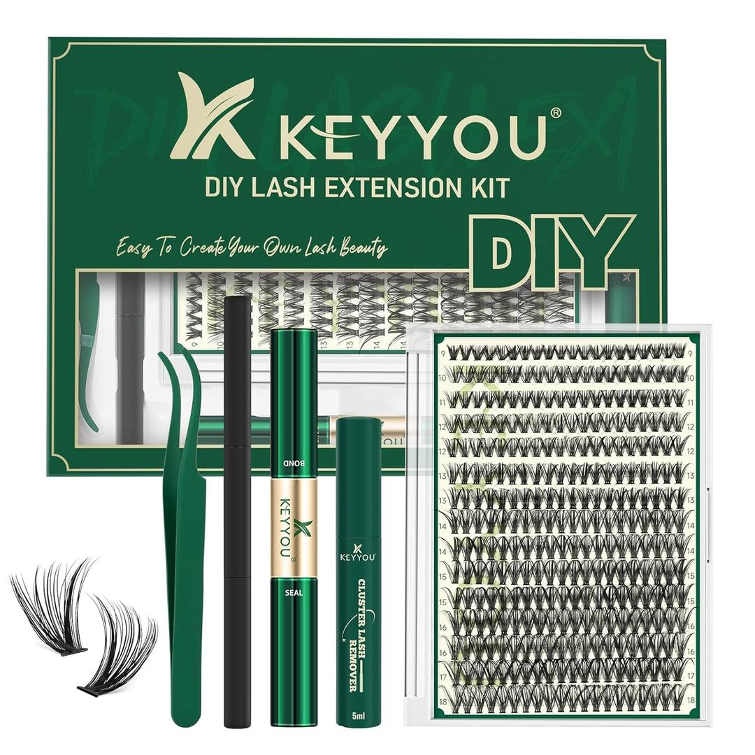 KEYYOU Lash Extension Kit DIY 300Pcs Lash Clusters Eyelash Extension Kit 40D 0.07 D Curl 9-18MIX Lash Clusters Kit with Lash Glue Remover Applicator Easy to Use for Beginners(Kit,40D-D,9-18MIX)