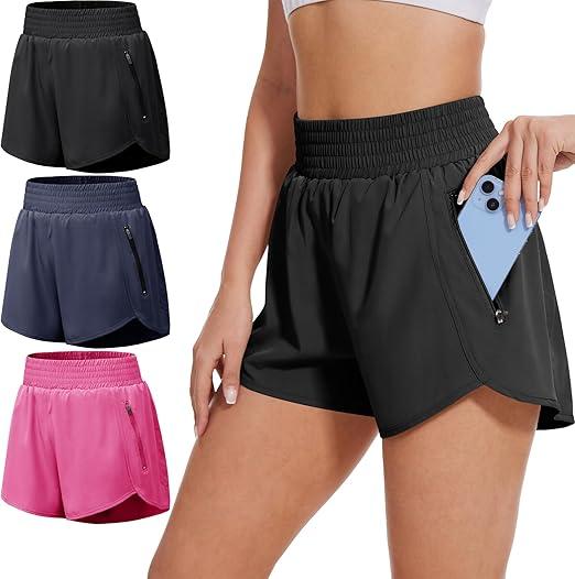 BALENNZ Women's Athletic Workout Shorts with Zipper Pockets Activewear Elastic Waist Gym Running Shorts, 3 pack, Size Small, Black, Navy, Hot Pink BALENNZ Women's Athletic Workout Shorts with Zipper Pockets Activewear Elastic Waist Gym Running Shorts, 3 pack, Size Small, Black, Navy, Hot Pink