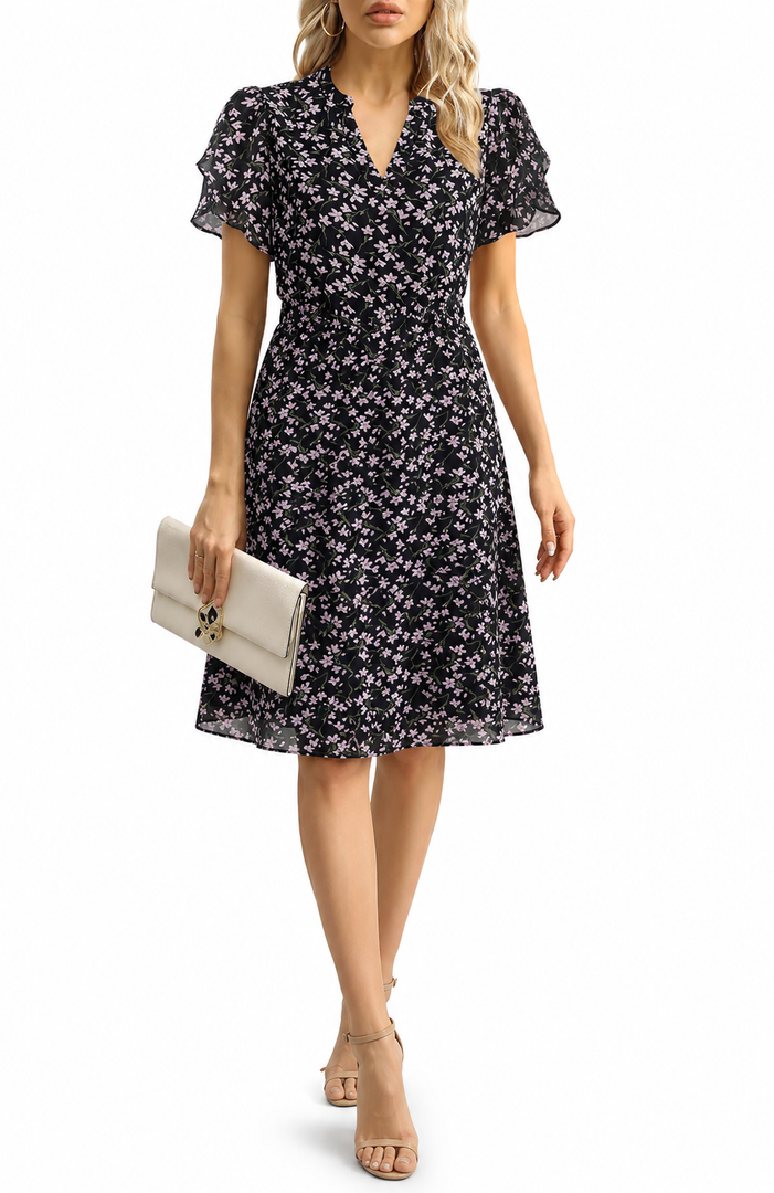 Womens Chiffon Summer Puff Petal Short Sleeve Dress V Neck Casual Work, Black Floral Small