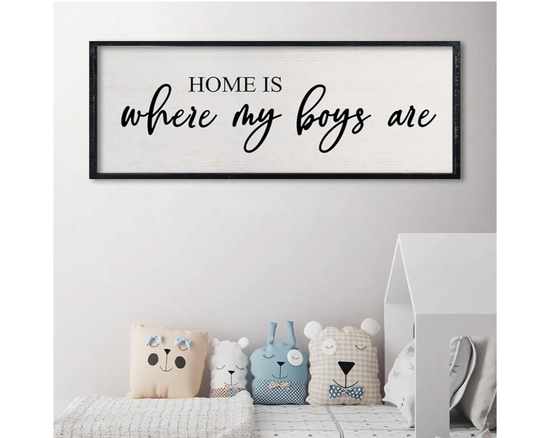 Home Is Where My Boys Are Wall Art: 32 x 12 Inch Rustic Horizontal Framed Sign, Mom of Boys Decor, Boy Room Wall Decor