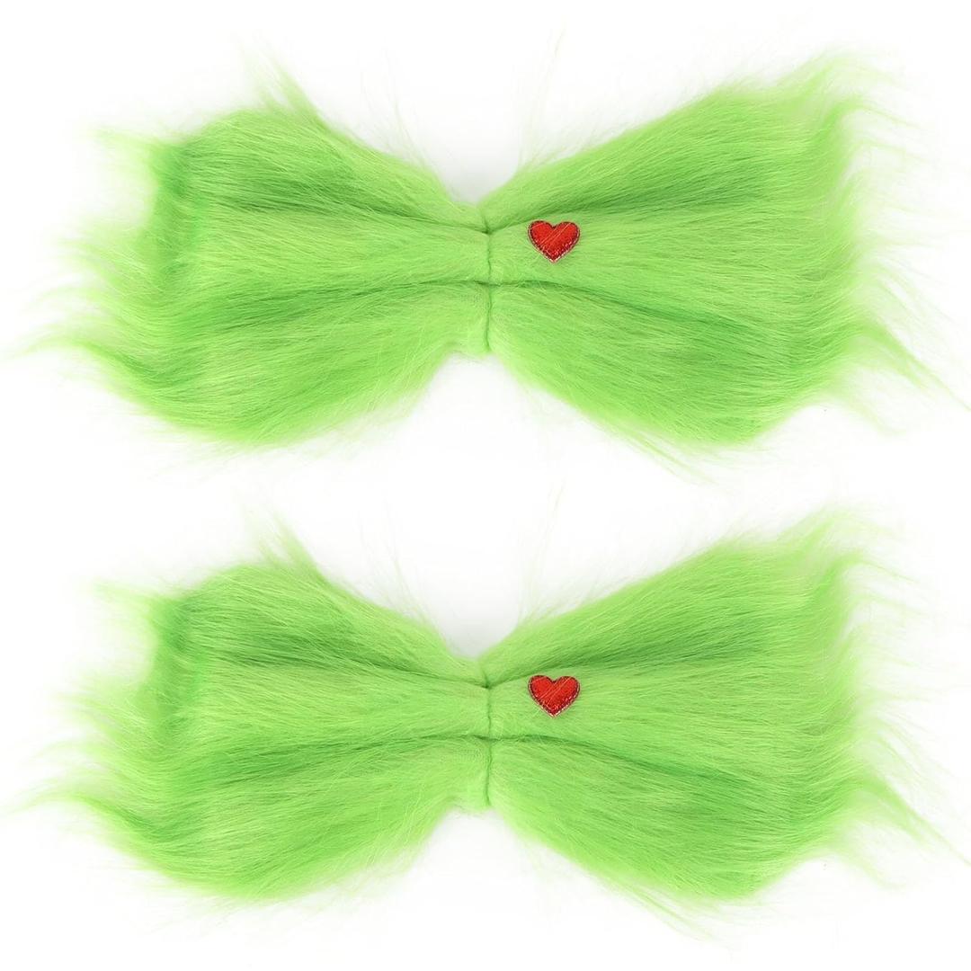 Green Furry Bow Hair Clips for Women - 2 Pack Red Heart Accent Hair Accessory