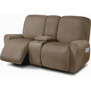 ULTICOR Reclining Love Seat with Middle Console Slipcover, 8-Piece Yarn Dyed Loveseat Reclining Sofa Covers, 2 seat Loveseat Recliner Cover, Thick, Soft, Washable (Sand)