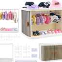 Foldable Doll Wardrobe Closet Storage Box Compatible with Labubu Clothes with 15 Hangers & Rod - Stackable Organizer Cabinet for 15/17cm Doll Clothes with Dust-Resistant Cover and Display Shelf