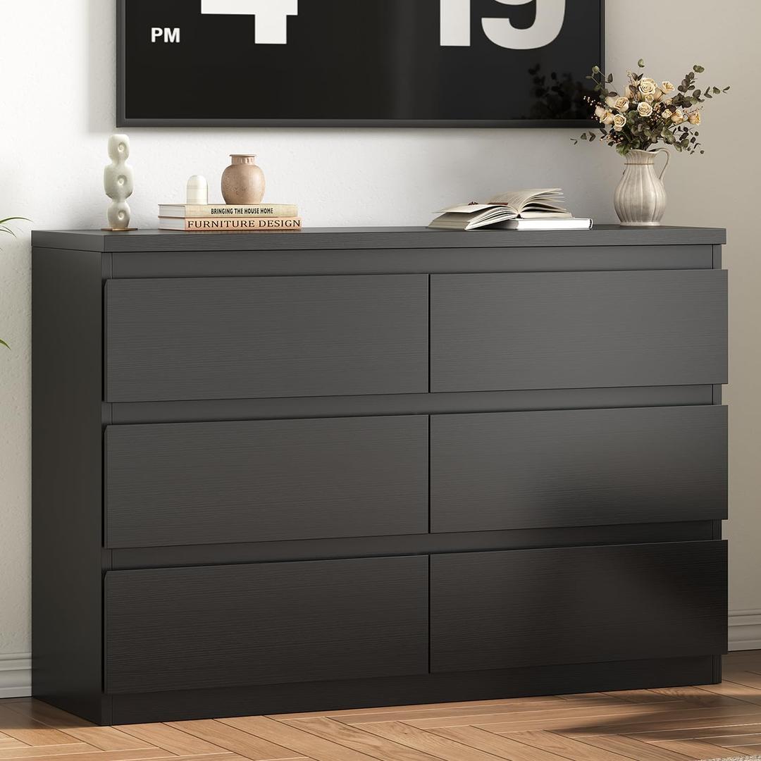 Modern Black 6 Drawer Dresser - Simply Chest of Drawers for Bedroom, Closet, Living Room, Hallway, Entryway, Wood Storage Double Dresser with Smooth Metal Rails - Black