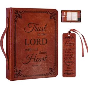 Large Bible Cover Case for Men Women, Mens Bible Covers Cases Leather Bible Cover Carrying Case for Women Men with Handle Zippered Bible Book Cover Holder Bag Case(Brown, L)