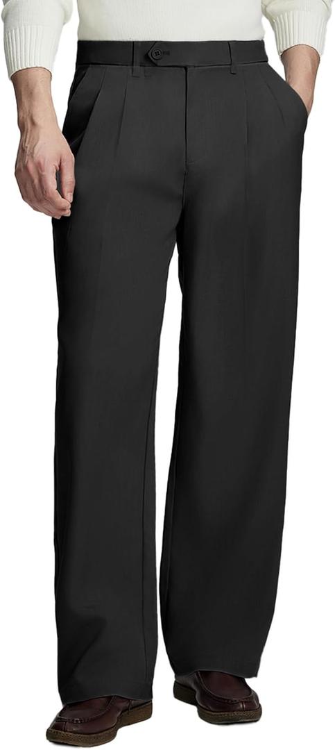 Susclude Mens Casual Dress Pants Old Money Pleated Baggy Wide Leg Vintage Relaxed Fit Slacks Work Office Trousers, Black, 34