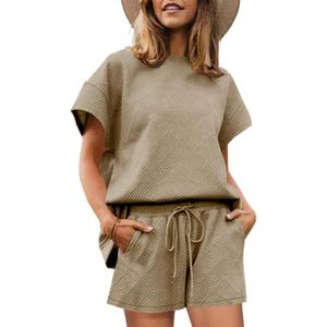 UNCLECAT Womens 2 Piece Lounge Sets Short Sleeve Tops and Shorts Travel Outfits Pajama Set with Pockets (Medium, Khaki)