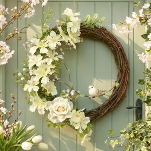 Boao Rustic Spring Wreaths for Front Door with Yellow Fake Bird White Rose Cherry Blossoms Grapevine Artificial Flower Wreath Farmhouse Outdoor Floral Wreaths Outdoor Indoor Home Decorations, 10 Inch