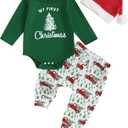 Baby Boy Christmas Outfit My First Christmas Long Sleeve Bodysuit Pants Santa Hat 3-Piece Clothes Set (Green)