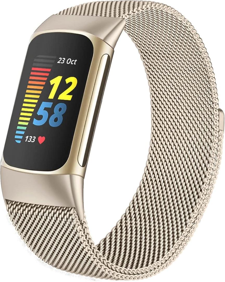 surundo Compatible with Fitbit Charge 6/Charge 5 Bands for Wmen Men, Metal Mesh Milanese Loop Adjustable Strap Replacement for Fitbit Charge 6/Charge 5 Advanced Fitness & Health Trackers (Starlight)