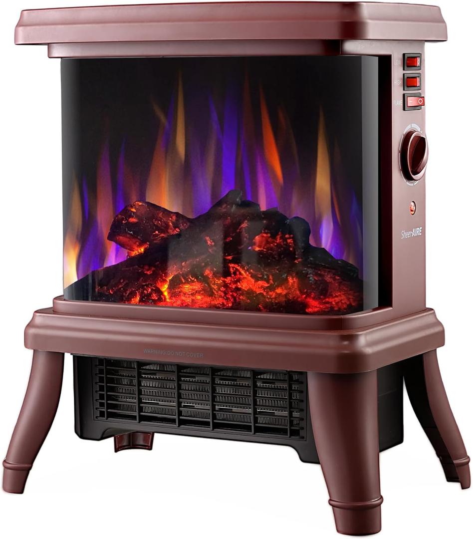 18 Panoramic Window 1500W/1650W Electric Wood Stove Fireplace with Flame Effect, 4 in 1 Freestanding Indoor Space Heater. 3S of Rapid Heat. Fully Curved 3D Panoramic Flame Effect,Red Brown