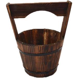 HANABASS Wooden Bucket Barrel Rustic Patio Pots Water Wishing Well Pail Vintage Style Primitive Planter Container for Garden Home Patio Backyard, 10.6x9.0 inch