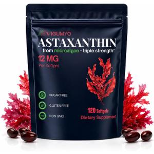 Astaxanthin 12 mg Softgels for Eye, Skin and Antioxidant Support, 120 Count | Microalgae-sourced, oil-based formula with one softgel daily for cellular wellness and a convenient four-month routine. (EXP 02/04/28)