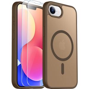 SPIDERCASE Designed for iPhone 16e Case, Magnetic Translucent Matte Case with 2PCS Tempered Glass Screen Protector Anti-Scratch Slim Phone Case for iPhone 16E 6.1'', Brown