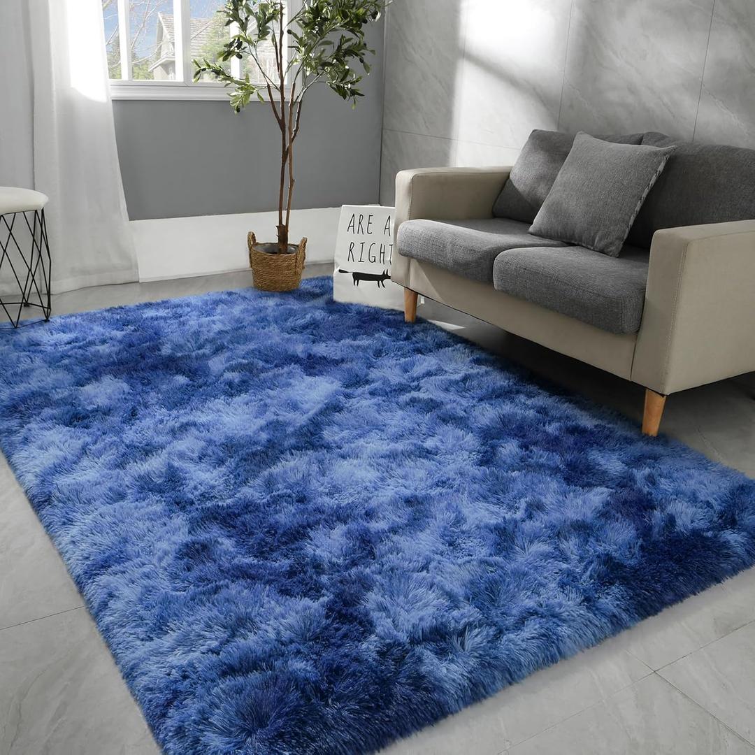 Hutha 9x12 Large Area Rugs for Living Room, Super Soft Fluffy Modern Bedroom Rug, Tie-Dyed Navy Blue Indoor Shag Fuzzy Carpets for Girls Kids Nursery Room Home Decor