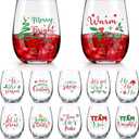 12 Pcs Christmas Glasses Bulk 12 oz Merry Xmas Stemless Glass Funny Tree Santa Snowman Drinking Cups Xmas Party Gift for Family Friends Party Event (Christmas Words)