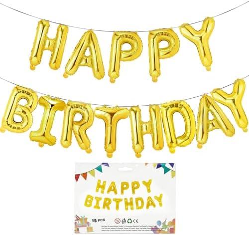 Happy Birthday Balloons Banner, 16 Inch Mylar Foil Letters Sign, Birthday Party Decorations for Kids and Adults, Party Decorations Supplies (Gold) Pack of 2