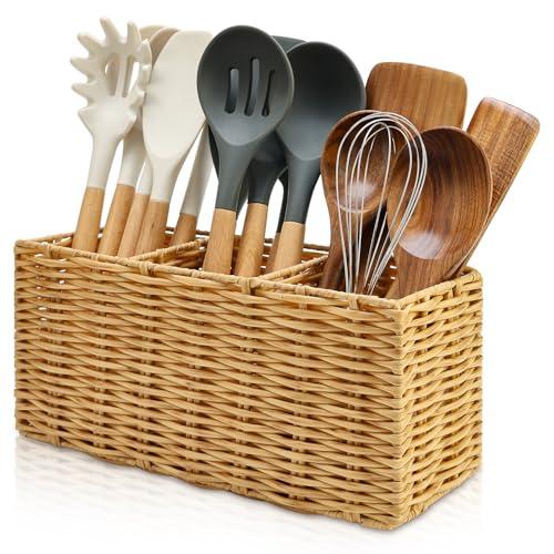 Extra Large Cooking Utensil Holder for Kitchen Counter Utensils Storage Organizer Caddy for Countertop Spatula Holder Big Utensil Crocks Jar Wicker Kitchen Tool Table Holders Decor Accessories 12"Lx6"Hx4.7"W