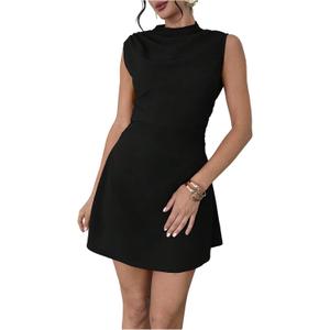 Milumia Women's Sleeveless Mock Neck Mini Dress Elegant Ruched A Line Short Dresses Party (Black, S)