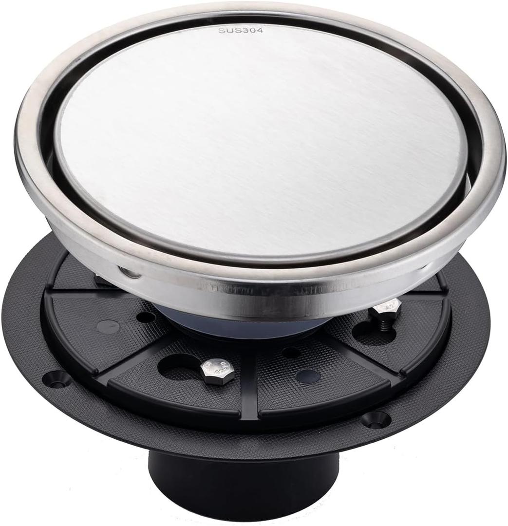 6 inch brushed circular shower floor drain, concealed tile-in installation, complete with sealing ring flange assembly and removable drain cover plate, SUS stainless steel
