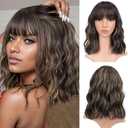 VCKOVCKO Short Bob Wigs Honey brown mix Blonde Wavy Wig With Air Bangs Women's Shoulder Length Wigs Curly Wavy Synthetic Cosplay Wig Pastel Bob Wig for Girl Colorful Wigs(12", Honey brown mix Blonde)