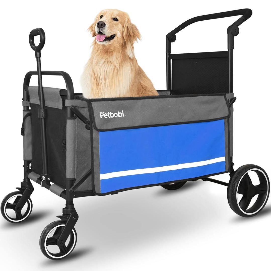 Petbobi Dog Wagon Stroller for Large & Medium Dogs - 2-in-1 Push-Pull Pet Stroller with Ramp, Foldable All Terrain Wagon Cart, One-Step Brake, Suitable for Outdoor Walks & Camping, Blue