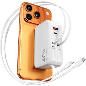 4 in 1 Retractable Wall Charger for iPhone 17,Retractable Phone Charger Wall Plug,Travel Essentials Retractable Charger for iPhone 17 Pro Max/17 Pro/17 Air/16/15/14/13/12,Galaxy S26,Pixel 10,iPad (Cord for Apple+Type C-White)