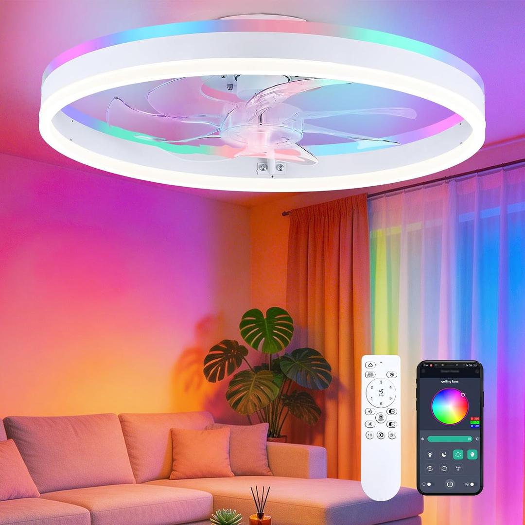 20" Low Profile Ceiling Fans with Lights and Remote,White Fandelier | Dimmable 3CCT LED+DIY RGB, Quiet Reversible DC Motor, Flush Mount, Memory/Timer/6 Speeds, Smart LED Ceiling Fan for Bedroom
