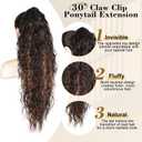 Ponytail Extension - 30 Inch Long Curly Pony Tails Hair Extensions, Claw Clip Ponytail Extension, Soft Synthetic Hair Pieces for Women (Color:Black Brown with Highlights)