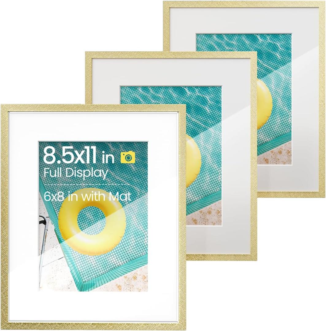Heimlove Metal 8.5 by 11 Picture Frames Gold Frame with Mat to 6x8 Set of 3, 8.5x11 Mat to 6x8