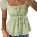 SOLY HUX Women's Square Neck Short Sleeve Peplum Tops Tie Front Summer Teen Girls Babydoll Top T Shirt (Green, XL)