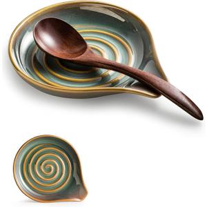 Spoon Rest for Stove Top, Countertop Spoon Holder with Handle for Easy Hold, Farmhouse Decor, Utensil Rest for Spoons, Ladles, Tongs, Spatula, Blue and Green