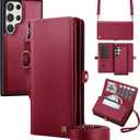 MEGSHI for Wallet Case Compatible with Samsumg Galaxy S24 Ultra Multi-Function Detachable 2 in 1 Magnetic Phone Case Wallet,Flip Strap Zipper Card Holder Phone Case with Shoulder Straps (Red)