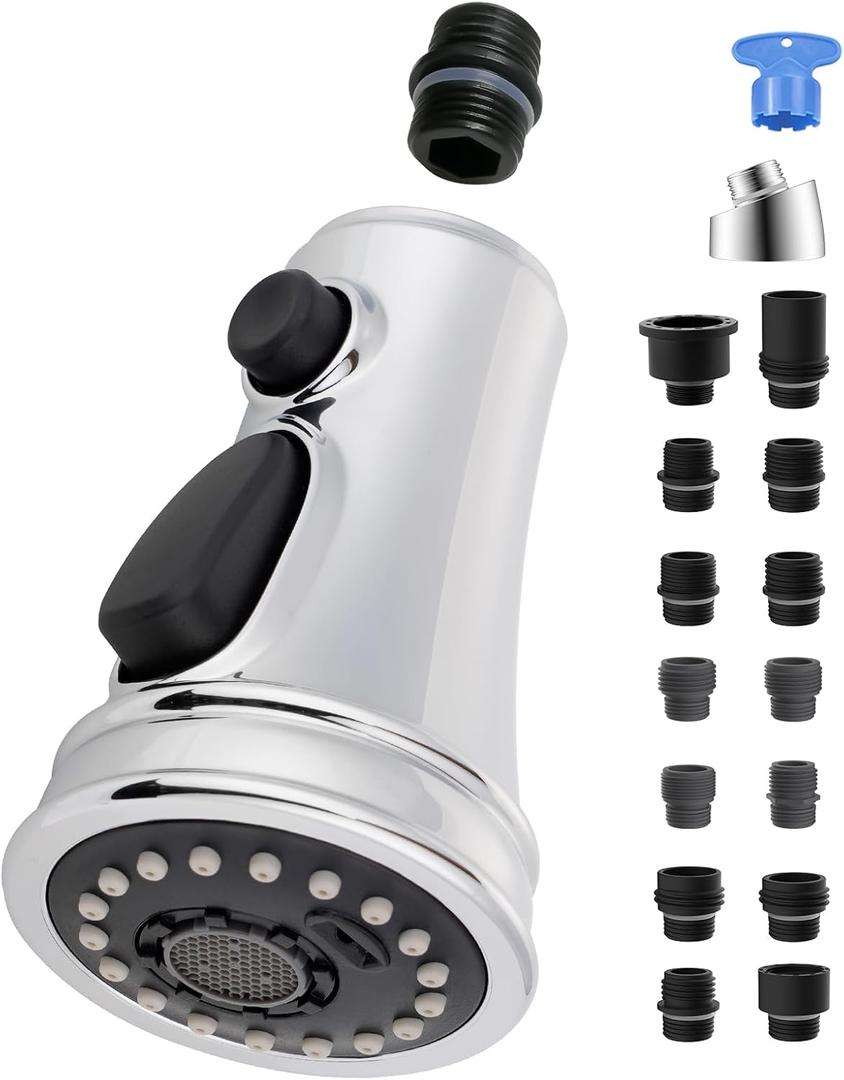 Hygie Rinse Universal Kitchen Faucet Head Replacement 3 Function Kitchen Faucet Sprayer with 15 Adapter Kit Compatible with Kohler/Moen/Delta Faucet, Pull Down Sink Faucet Spray Head, Chrome