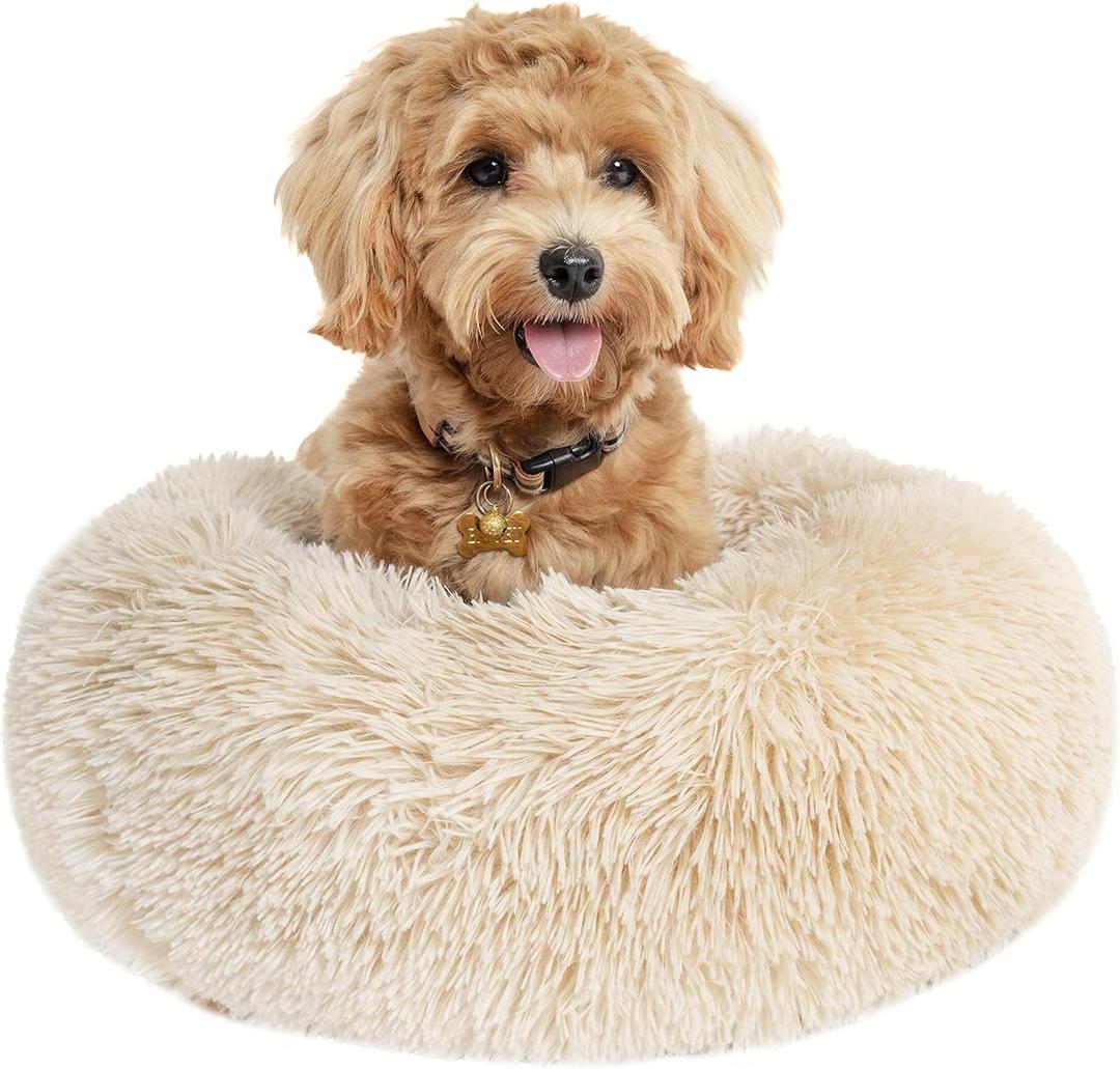 Calming Donut Dogs Beds for Small Dogs Washable,19inch Fluffy Round Puppy Bed for Puppies,Cats & Toy Breeds with Raised Rim,Fits up to 15 lbs Pets,Beige