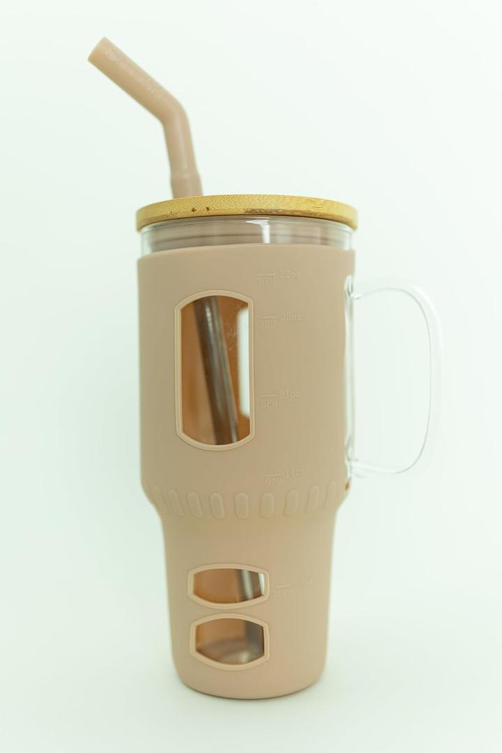 Glass Tumbler with Silicone Sleeve and Bamboo Lid, 32 oz, with Straw (Beige)