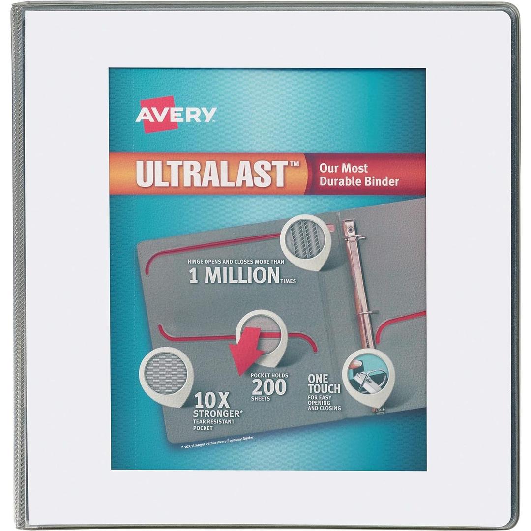 Avery Ultralast 3 Ring Binder, 1.5 Inch Slant Rings, Color Will Vary, 1 Binder (79738) White