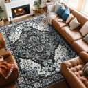 Large Area Rugs 8x10 for Living Room, Bedroom, Washable Vintage Rugs -Low Pile Distressed Rugs for Kitchen, Dining Room, Water Repellent & Non Shedding, Black and Blue