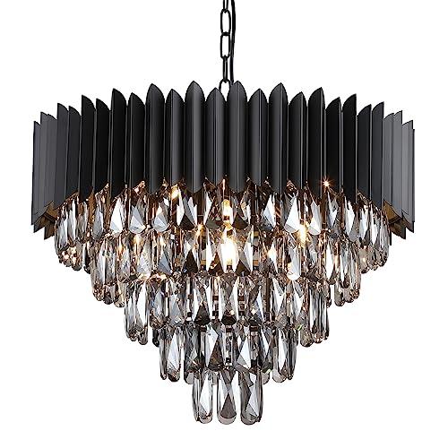 A AXILIXI Black Crystal Chandeliers,Contemporary 24'' Modern Ceiling Lights Fixtures Flush Mount Pendant Light 12 Lights 5-Tiers K9 Large Hanging Lamp for Entryway Dinning Room Living Room Bedroom