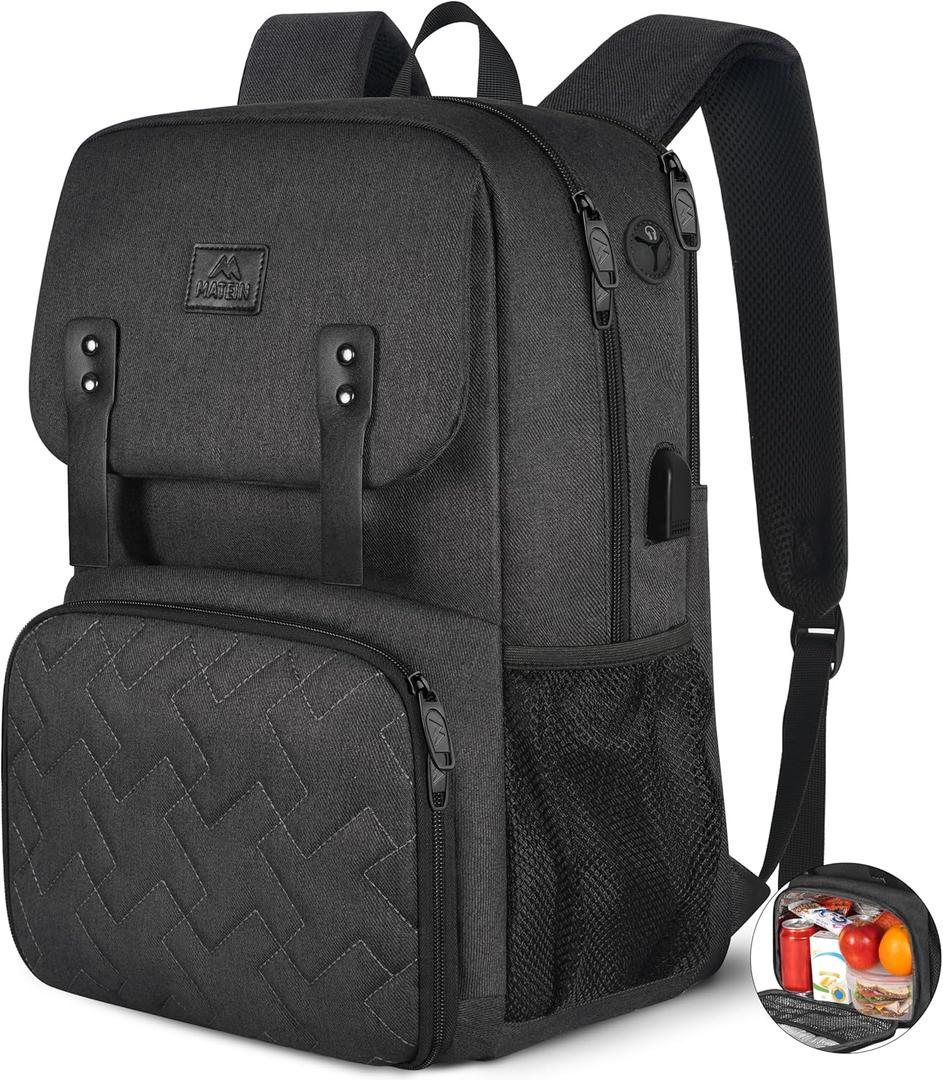 MATEIN Lunch Backpack, 15.6 Inch Insulated Cooler Lunchbox Backpacks with USB Port for Women Work, Water Resistant Lunch Bag Travel Laptop Dackpack for College Business, Gifts for Men (Black)