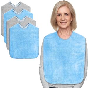 Adult Bibs for Men and Women 4 Packs, Reusable Terry Bibs for Elderly Senior, Waterproof Towel for Adults (Grey+Blue)