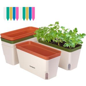 VIVOSUN Self-Watering Planters, 4-Pack 10.5 Inch Compact Rectangular Window Herb Planter Box with 10 PCS Plant Labels, Plant Container for Basil, Flowers, Succulents, Indoor & Outdoor
