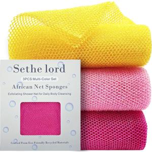 4 x African Net SpongesExfoliating Shower Net for Daily Body Cleansing, Recycled Materials Bath Sponge Exfoliator for Women & Men Coral Pink, 3 PCS
