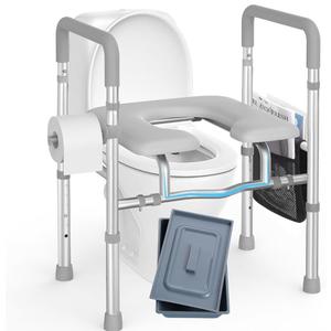 Roylvan Raised Toilet Seat with Handles -HSA 400LB Adjustable Width Height Elevated Toilet Seat Riser for Seniors with Cozy Padded Armrests Handles Paper Holder Bedside Commode for Elderly, Silver