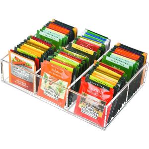 Tasybox Tea Bag Organizer, Clear Acrylic Tea Bag Holder with 6 Slot, Tea Packet Storage for Drawer, Pantry, Kitchen, Cabinet, Countertop