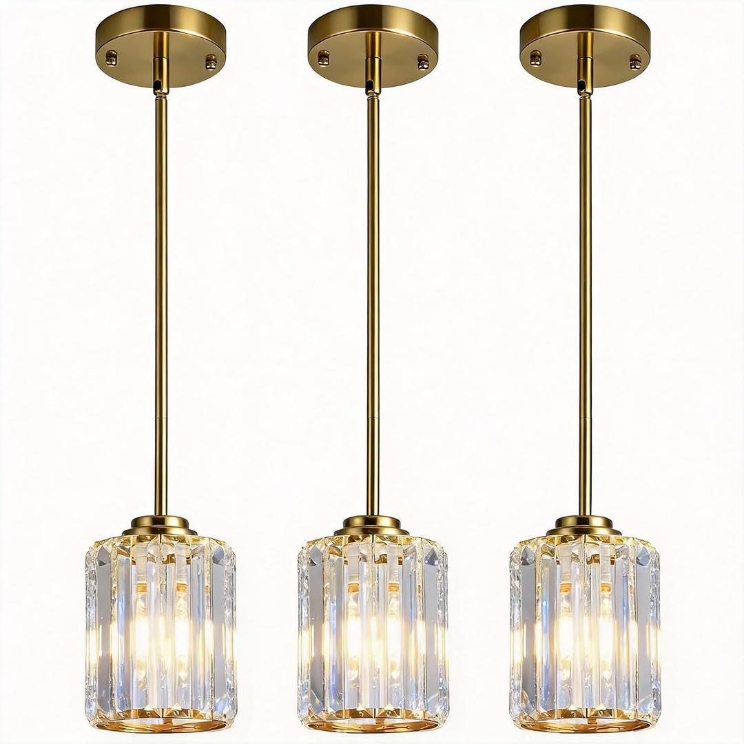 3 Pack Crystal Pendant Lights Kitchen Island, Adjustable Hight Modern Gold Mini Chandelier, Ceiling Hanging Light Fixtures, Lamparas Colgantes for Kitchen Hallway Dining Room Bedroom