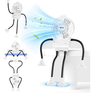 Freestyle Small Robot Fan, Fun Desk Fan with Suckers, Rechargeable Portable Fan and Phone Stand 2 in 1 for Office, Travel and Cars (White)