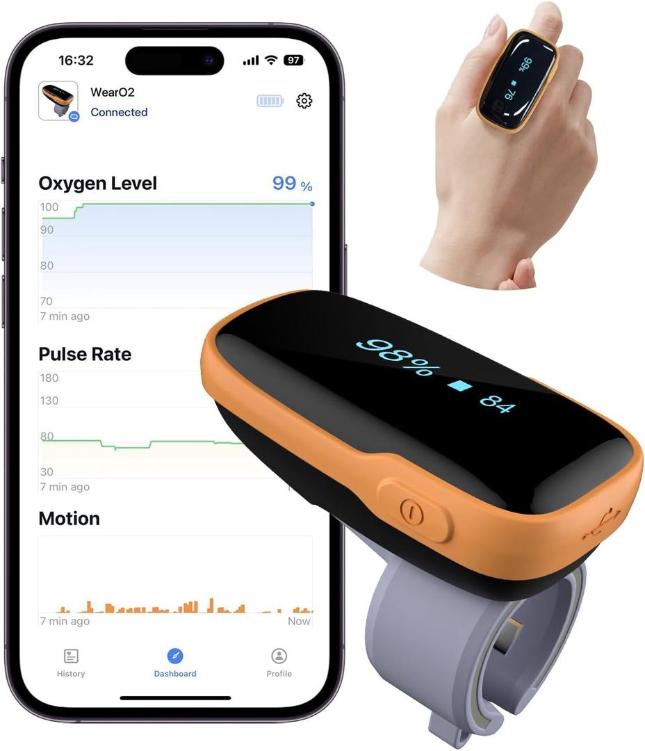 Vibeat Pulse Oximeter for 12 Hours Continuous Tracking, WearO2 Bluetooth Finger Oxygen Monitor, Notification of Low O2, Wearable Ring Blood Oxygen Meter, Free App & PDF Report